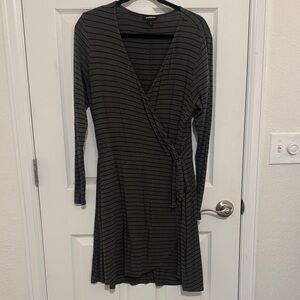 Express Olive and Black Striped Long Sleeve Wrap Dress